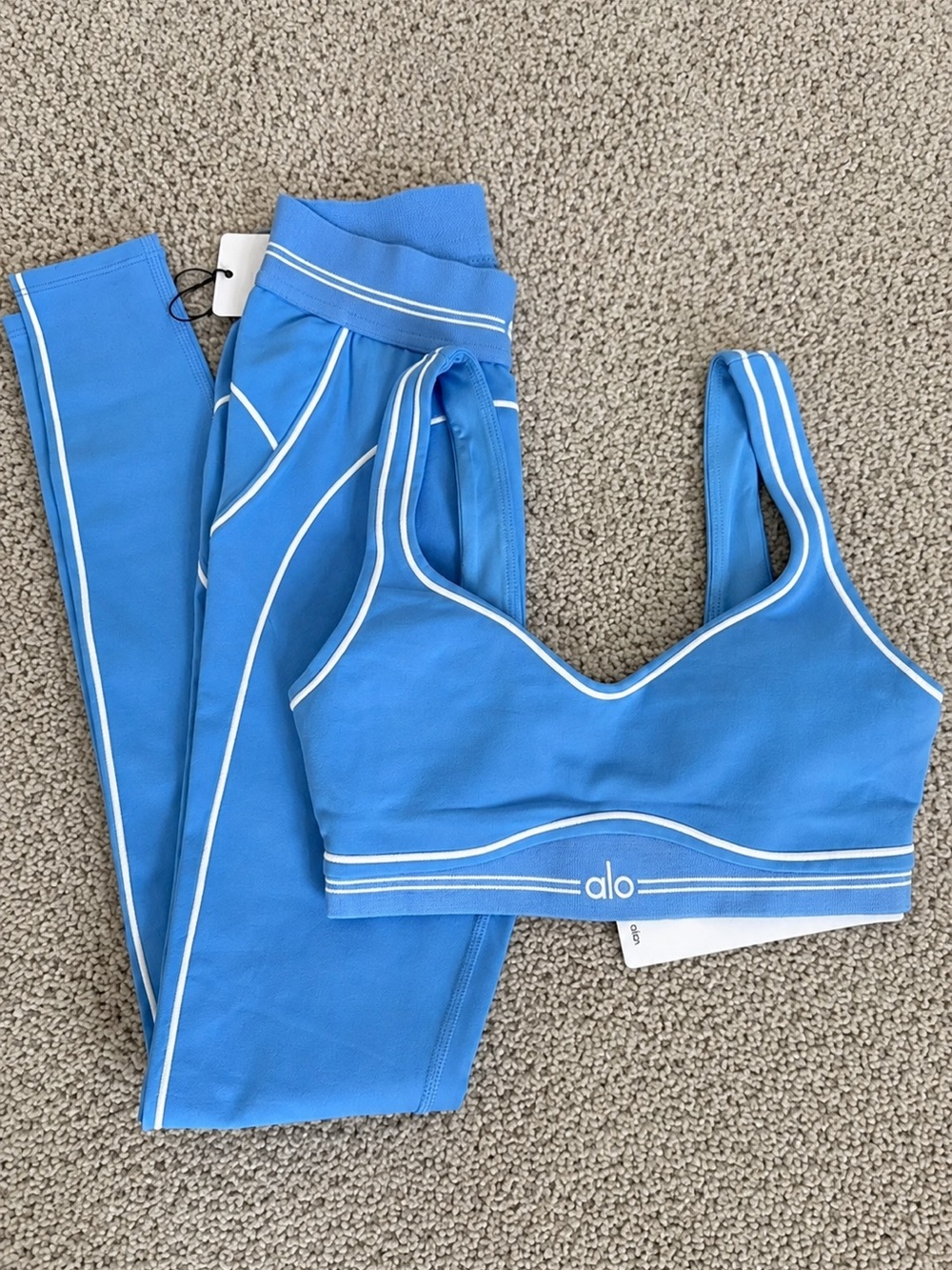 ALO Yoga Blue Sports Bra with White Piping